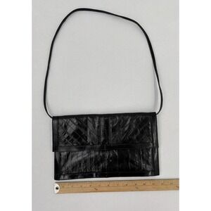 Vintage Genuine Eel Skin Leather‎ Classic Black Clutch Shoulder Bag Zip Magnetic